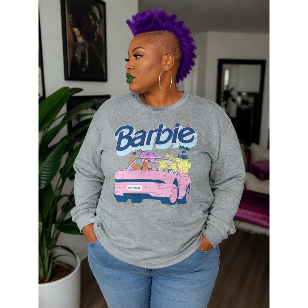 Love Tribe Barbie Femme and Fierce Graphic Sweatshirt Heather Grey XL NEW